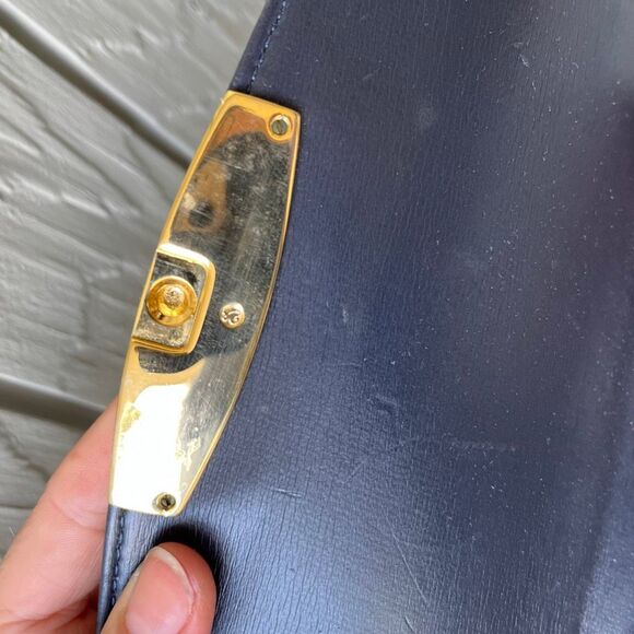 VTG 50s 60s Korent Navy Genuine Leather Top Handle Bag Gold Hardware Red Lining - Picture 10 of 14